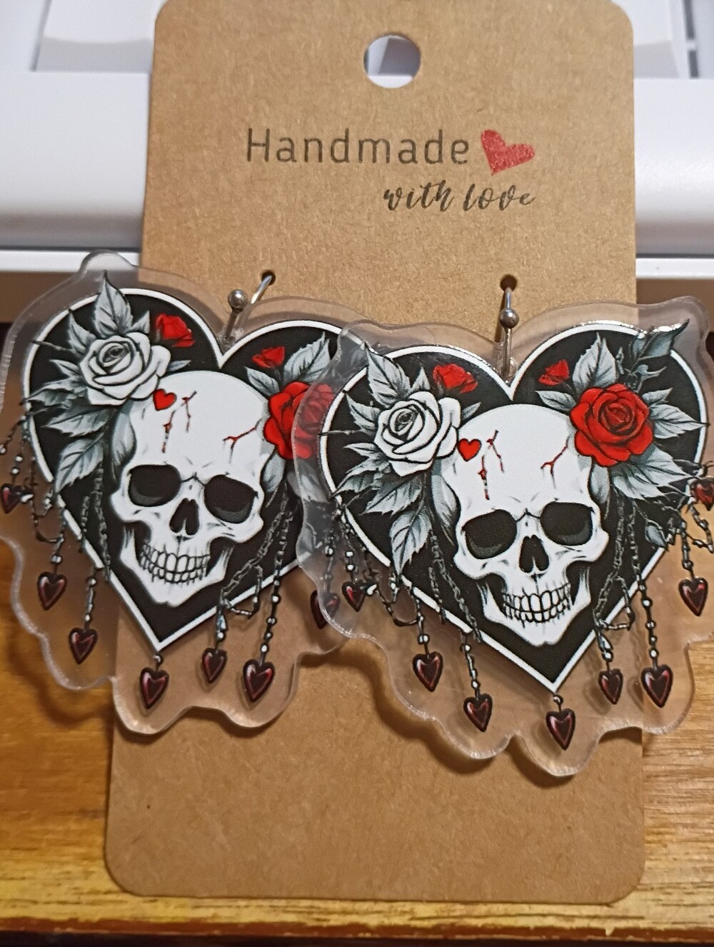 Goth Skull & Rose Heart Dangle Earrings in Black, White & Red